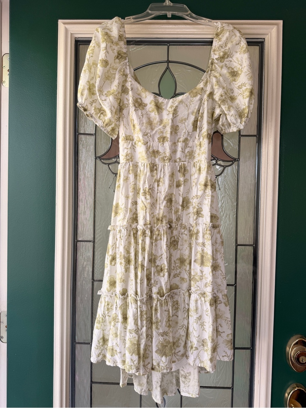 mine White and Sage Floral High-Low Tiered Puff Sleeve Dress